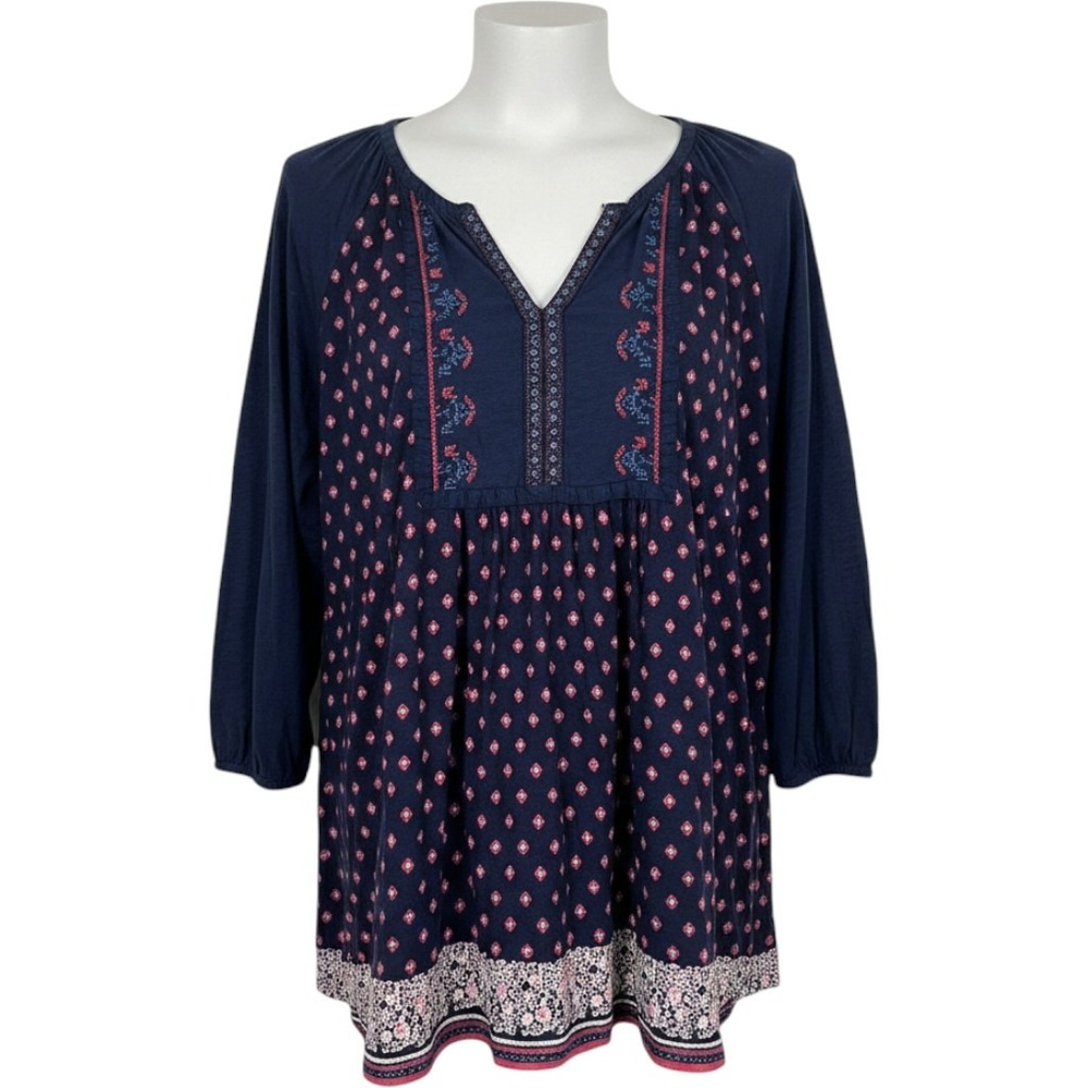 Pine Tunic Top Women XXL Navy Blue Pink Boho Embroidered Peasant 3/4 Sleeve